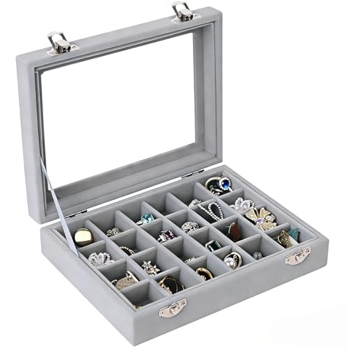 Velvet Jewelry Box 24 Grid Jewelry Earrings Display Organiser Box Ring Tray Holder Earrings Storage Case for Girls Women Wife Mom (Gray) - color: Gray