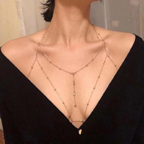 14K Gold Plated Body Chains for Women, Sexy Layered Belly Waist Chain Crossover Bikini Bra Chain, Summer Beach Rhinestone Body Jewelry - style: Gold 4 Diamonds