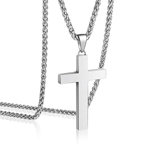 P. BLAKE Stainless Steel Cross Pendant Necklace for Men Boys, Christian Cross Pendant with 16-24 Inches Chain Cross Necklace Jewelry Gifts - size: 24 inches, style: Silver Pendant 1.7*0.9