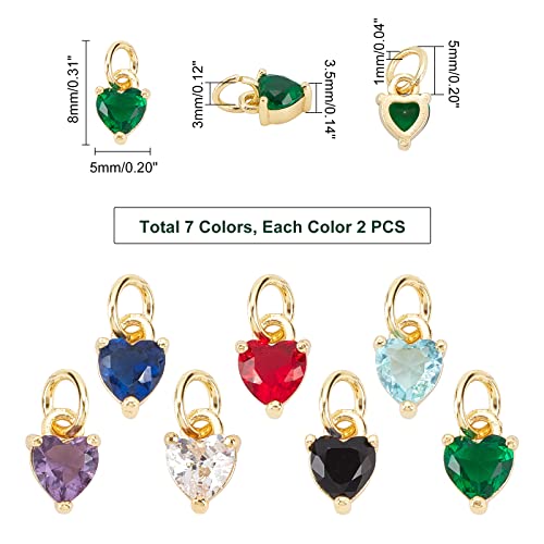 PH PandaHall 14pcs 18K Gold Plated Heart Charms 7 Colors Cubic Zirconia Love Heart Pendants with Jump Ring for Earring Bracelet Necklace Choker Jewelry Making Valentine's Day Gift, 8X5mm