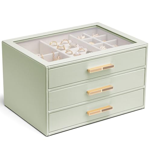 VLANDO Jewelry Box for Women, Glass Lid Jewelry Organizer with 3 Drawers for Necklaces Rings Earrings Bracelets - Sage Green - color: D.Sage Green, size: 3-Layer