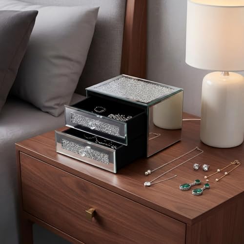 Kenning Silver Jewelry Box 2 Layer Glass Box for Women Mother's Day Crystal Jewelry Organizer Storage Luxury Necklaces Earrings Rings Bracelets Organizer for Mom Gift Decoration