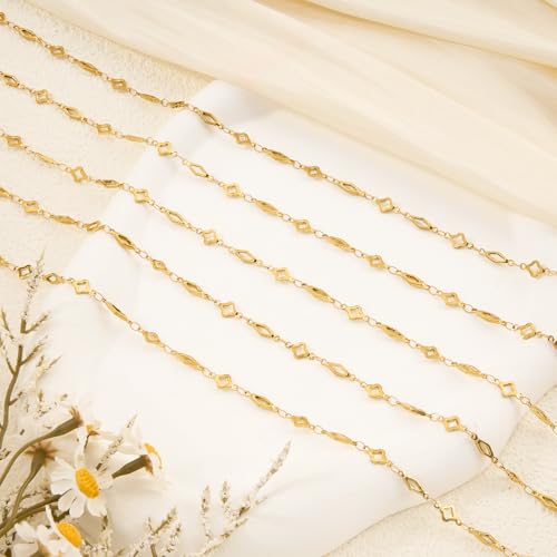 YOUBEIYEE 13 Feet Gold Plated Chain for Jewelry Making Stainless Steel Rhombic Clover Chains Bulk for Women Necklace DIY with Jewelry Accessories - color: Clover Rhombic Gold