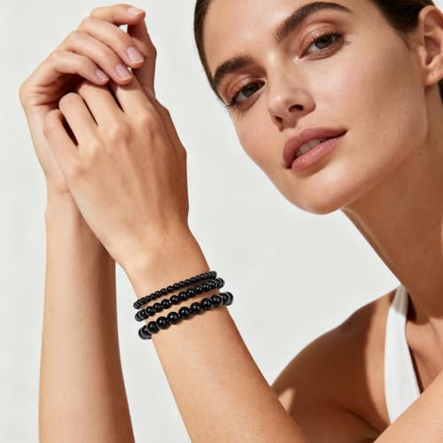 3Pcs Natural Healing Crystal Bracelets for Women Men, 4mm 6mm 8mm Beaded Stretch Bracelet Set, Black Tourmaline Natural Stone Gemstone Jewelry Gifts for Meditation, Reiki & Yoga - color: black tourmaline
