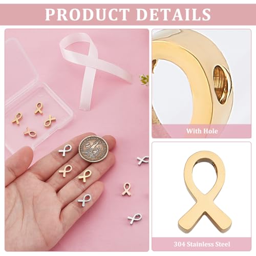 PH PandaHall 12pcs Breast Cancer Ribbon Beads for Jewelry Making, 12x8mm Stainless Steel Ribbon Charms Pendant Hope Beads Charm for Necklace Bracelet DIY Crafts, 3 Colors, Hole 1.8mm