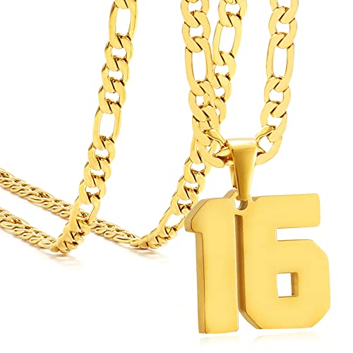Personalized Jersey Number Necklaces for Mens,Athletes Stainless Steel Sport Number Pendant Chain for Mens Baseball/Basketball/Football Team Inspiration Jewelry with Gifts - color: Gold, style: 16 Gold