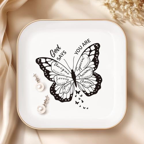 LITTLEBIGGER Christian Gifts for Women – Jewelry Tray Dish，Religious Decorative Plate with Bible Verses，Christian Gifts – Baptism Gifts for Girl, Friends, Mom, Sister, Female Coworker - style: You Are-Butterfly