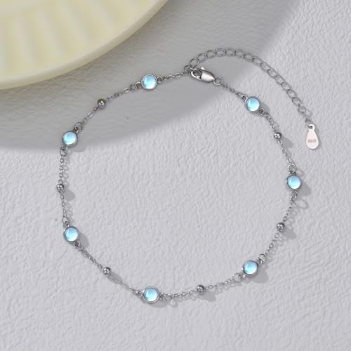 HPQQ Anklet Bracelet for Women 925 Sterling Silver Natural Stone Chain Bead Ankle Bracelet Beach Summer Fine Jewelry Mothers Day Birthday Gifts for Women Mom Wife - color: Anklet-9"-11"-Moonstone