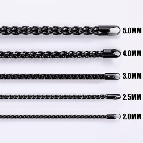 Fiusem Black Wheat Chains for Men and Women, 2/2.5/3/4/5mm Stainless Steel Necklace Chain, Mens Necklace Jewelry Gift 16-28 Inch - size: 20 Inches, style: Black 2MM