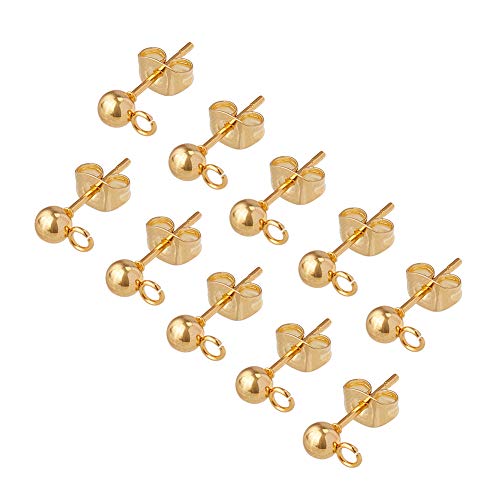 PH PandaHall 100pcs 24K Gold Plated Hypoallergenic Stainless Steel Stud Earrings with Ear Nuts Ball Post Earrings with Loop Earring Studs Set for Earring Making DIY 15x7mm, Ball 4mm