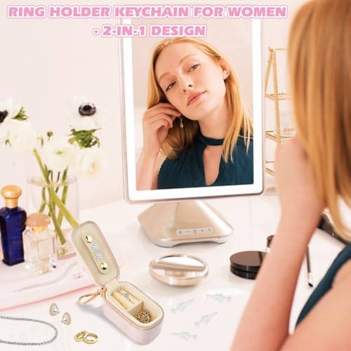 Velvet Mini Travel Jewelry Case, 2 in 1 Ring Holder Keychain + 50 Plastic Earrings, Portable Small Jewelry Organizer for Women, Travel/Gym/Wedding/Bridesmaid Gift - color: pink