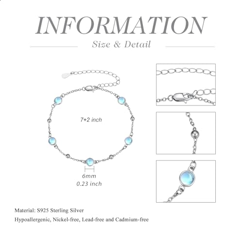 HPQQ Anklet Bracelet for Women 925 Sterling Silver Natural Stone Chain Bead Ankle Bracelet Beach Summer Fine Jewelry Mothers Day Birthday Gifts for Women Mom Wife - color: Bracelet-7"-9"-Moonstone