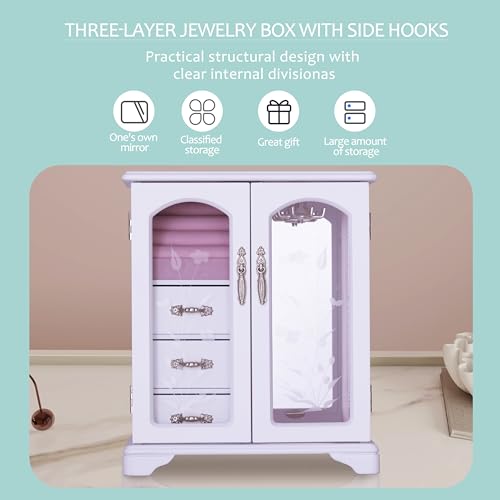 White Jewelry Box,Handle Carving Craft Wooden Jewelry Boxes,With Swivel Hook And Velvet Lining Large Jewelry Box For Women,Suitable As Gift For Friends