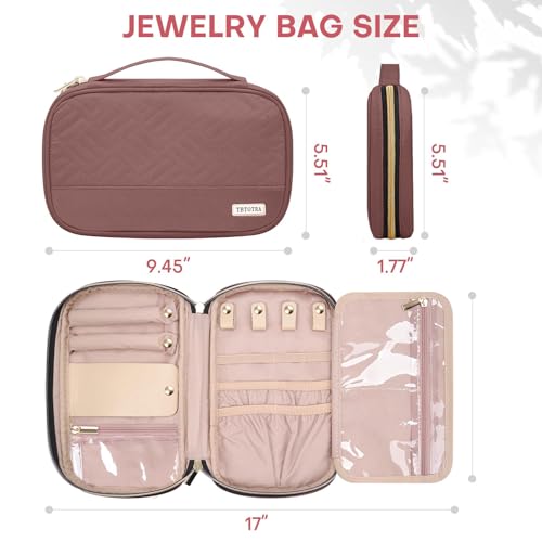 Jewelry Travel Case Organizer for Necklaces, Earrings, Rings, Bracelet, Watch, Soft Sided, Red Sandalwood - color: Rosewood Pink
