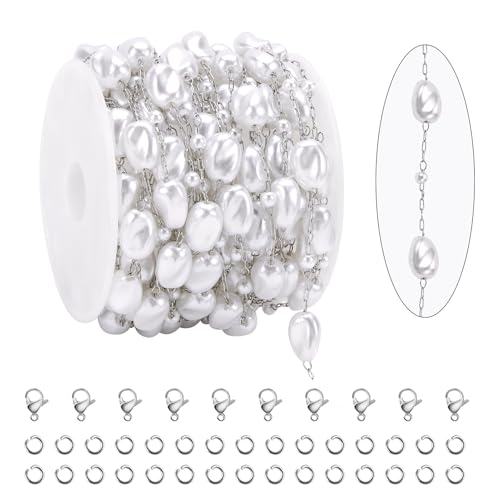 KYUNHOO 5 Meters Silver Stainless Steel Jewelry Chain Roll Faux Pearl Bead Chains with Lobster Clasps Jump Rings for Women Making Jewelry Crafts Finding Supplies - color: Irregular Bead Silver