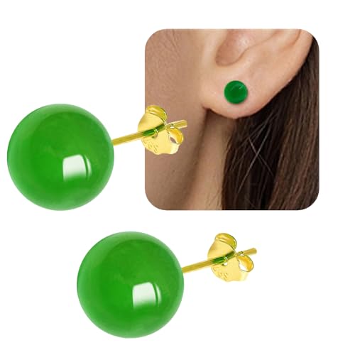 Jade Green Stud Earrings, Natural Round Beaded Agate Emerald Garnet Obsidian Gemstone Ear Studs Ball Jade Jewelry Gift, Green 8mm - color: green-8mm