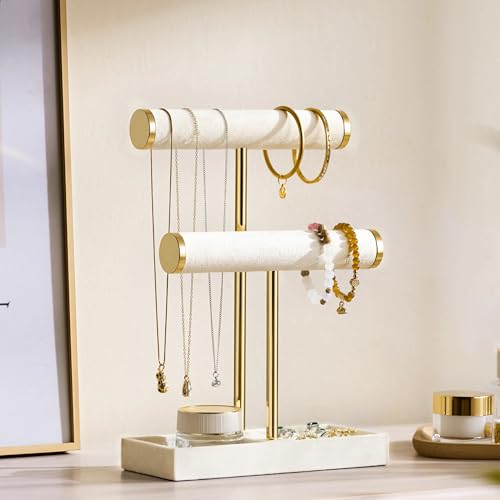 bussdis 2 Tier Bracelet Holder Display - Detachable T Bar Beige Velvet Bracelet Holder, Jewelry Holder Organizer for Bracelet, Necklace, Earrings, Rings - color: Beige