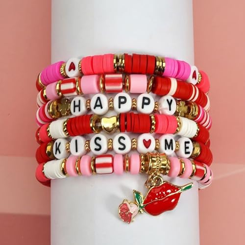 6PCS Valentine’s Day Clay Heishi Bracelet Set for Women- Red Pink Heart Love KISS XOXO Beaded Stretch Bracelets - Handmade Polymer Clay Crystal Glass Stackable Jewelry Gift for Galentine's Anniversary - color: LOVE-02