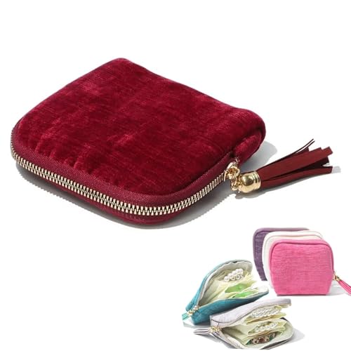 Travel Jewelry Organizer Case, Small Jewelry Pouch Bags with Zipper & Tassel, Travel Jewelry Case for Earrings Necklaces Rings Bracelets Brooches, Travel Gifts for Women - color: Wine Red