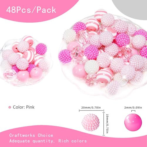 48 Pcs 20mm Beads for Pens Bubblegum Beads Pink Crystal Acrylic Round Chunky Beads Sparkly Large Balls Beads for Pen Beadable Keychain Bracelet Necklace DIY Jewelry Making Supplies - color: Pink Color