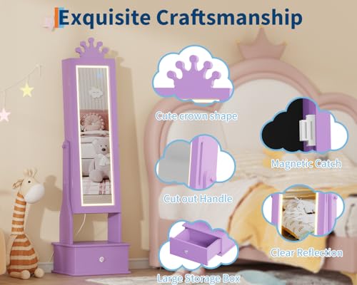 Kids Jewelry Armoire Cabinet with Full-Length Mirror, 46" Jewelry Armoire with Led Light, Kids Jewelry Organizer with 3 Storage Drawers, Kids Vanity Dress Up Mirror Jewelry Cabinet for Girls(Purple) - size: purple