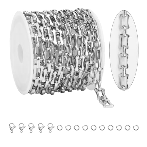 KYUNHOO 6.5FT/2M Stainless Steel Chunky Chains for Jewelry Making 10MM Long Bone Link Chain on Roll Silver Craft Jewelry with Clasps for Men Women DIY Necklace Bracelet - color: Bone Steel