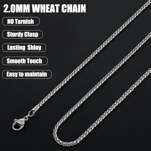 Fiusem Black Wheat Chains for Men and Women, 2/2.5/3/4/5mm Stainless Steel Necklace Chain, Mens Necklace Jewelry Gift 16-28 Inch - size: 20 Inches, style: Silver 2.1MM