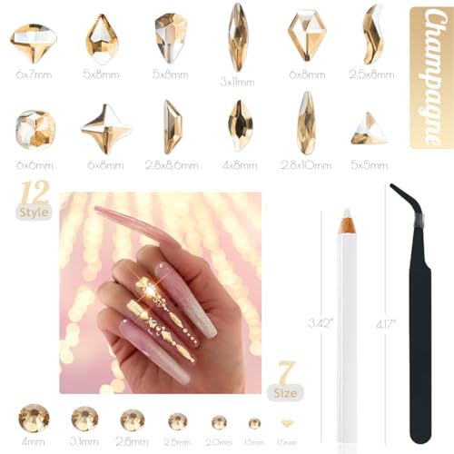 qiipii 4080Pcs Champagne Golden Nail Rhinestones Flatback Gold Crystals Gems Round Beads K9 Glass Stones Diamonds Jewels Nail Art Supplies Nail Charms Supplies for Nails Faces Eyes Makeup Body Beauty - color: Champagne Gold, size: B Set