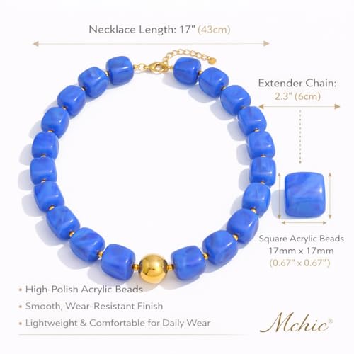 Mchic Colorful Beaded Choker Necklace for Women: Boho Large Square Acrylic Beaded Necklace Stainless Steel Adjustable Surfer Beach Strand Necklaces Summer Handmade Jewelry Gift for Women - color: Blue