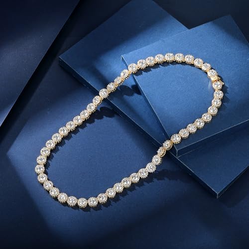Gemsme 18K White Gold Plated Halo Necklace 5.0mm Round Cubic Zirconia Classic Tennis Necklace - color: Yellow Gold, size: 22 inch