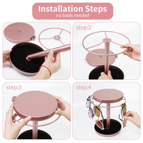 360° Rotating Sunglasses Organizer With Mirror, Metal Glasses Holder Stand, Sunglass Storage Display Eyewear Eyeglasses Rack with Tray for Desk Nightstand Dresser Table Countertop Bedroom, Rose Gold