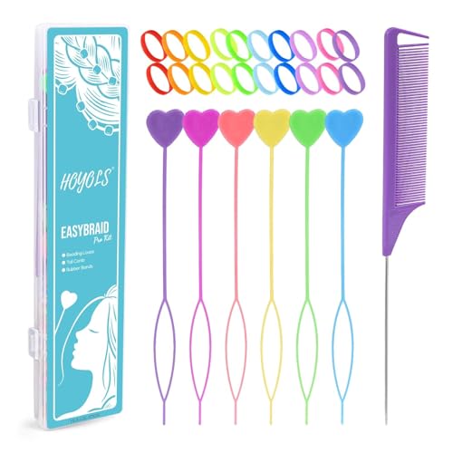 HOYOLS 207Pcs Hair Beading Tool Kit for Kids Teens Beginners, Ponytail Hair Styling Set with 6 Colors Hair Beaders, Rat Tail Comb, and 200 Colorful Elastic Bands in Box, Quick Beader for Braids DIY - size: 1 Count (Pack of 207)
