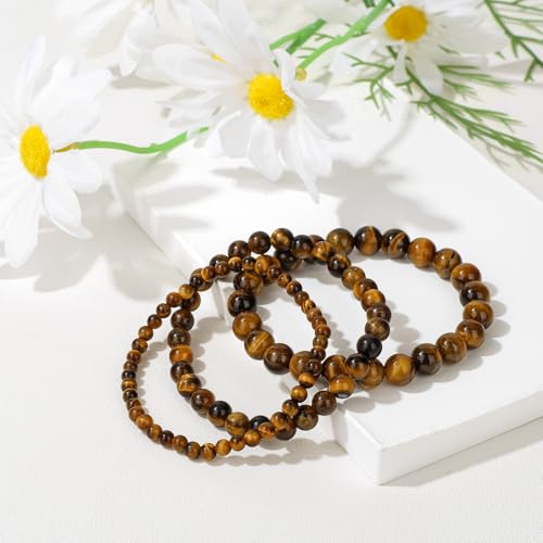3Pcs Natural Healing Crystal Bracelets for Women Men, 4mm 6mm 8mm Beaded Stretch Bracelet Set, Black Tourmaline Natural Stone Gemstone Jewelry Gifts for Meditation, Reiki & Yoga - color: Tigers Eye