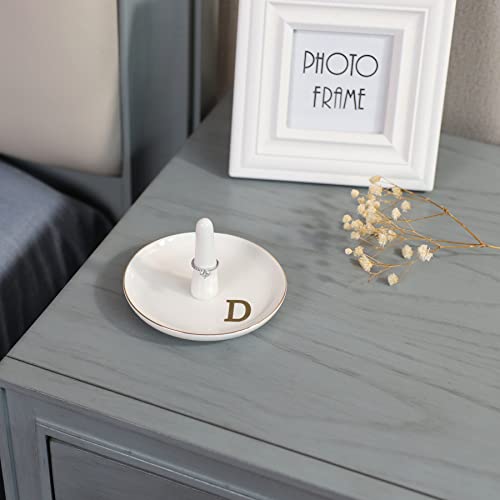 HOME SMILE Initials Ring Holder Jewery Tray with personalized D-Monogrammed Engagement Gifts for Friends,Birthday Mother's Day Christmas Gifts for Women,Ceramic White - style: D