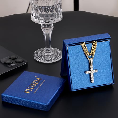 Fiusem Layered Cross Necklace for Men, Silver Tone/14K Gold Plated Mens Necklace Chain with Cubic Zirconia Cross Pendant, Stainless Steel Cuban and Rope Chain - color: Gold, size: 20/22 inches