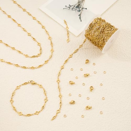 YOUBEIYEE 13 Feet Gold Plated Chain for Jewelry Making Stainless Steel Rhombic Clover Chains Bulk for Women Necklace DIY with Jewelry Accessories - color: Clover Rhombic Gold