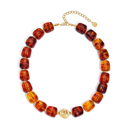 Colorful Chunky Necklaces for Women Multicolored Large Square Acrylic Beads Necklace Trendy Bold Statement Beaded Necklace Summer Vacation Choker Jewelry - color: Amber-colored