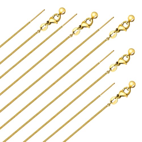 GTVOODX 10Pcs 18k Gold Plated Snake Chain Necklace Stainless Steel 1mm Threader Adjustable Necklace Bulk with Rubber Stoppers for Jewelry Making 20 Inches - color: Gold Snake