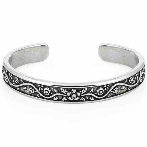 Stainless Steel Cuff Bracelet,Retro Gothic Punk Biker Cool Open Adjustable Cuff Bangle Bracelets Jewelry for Men Silver - style: Retro Flowers