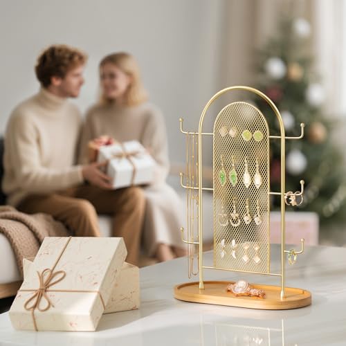 bussdis Jewelry Display Earring Stand Gold Organizer Earring StorageTree Jewelry Rack Towers with 6 Hooks 300 Stud Holes Wood Tray for Necklaces Bracelets Ring - color: Gold