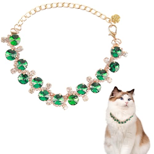 HOWWFALY Dog Collar and Cat Collar Gold Chain Necklace Stainless Steel Adjustable Green Rhinestones Collar with Cute Pet Paw for Small Medium Pets Cats Dogs Kitten Puppy (Green, L) - color: Green, size: Large