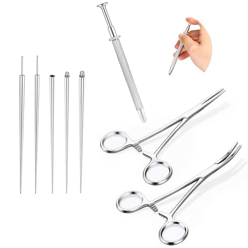 GEMQUEEN Piercing Taper Pliers Ball Grabber Tool for Changing Jewelry - Curved and Straight Forceps Stainless Steel Flat Back Earrings Insertion Tool Threadless Body Piercing Kit for Ear Nose Lip 8pcs - color: Silver Forceps+Piercing Tapers+Ball Grabber T