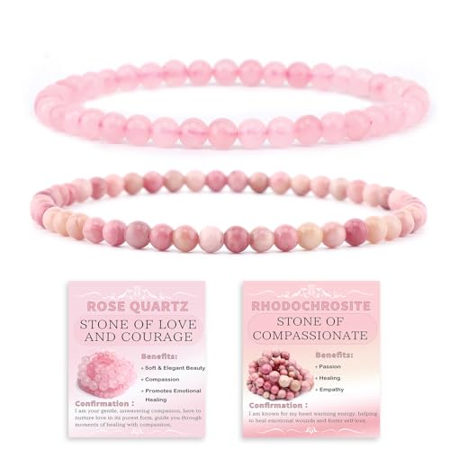 NCB 2.3-Piece 4mm Natural Crystal Gemstone Stretch Bracelets – Handmade Reiki Energy Healing Jewelry for Meditation,Yoga, Unisex - color: 2PCS ( Pink Quartz+Rhodochrosite ), size: 4mm