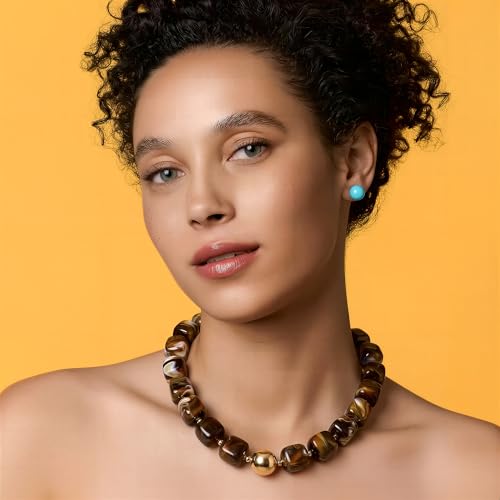 Chunky Necklaces for Women, Trendy Colorful Square Acrylic Resin Beads Statement Choker Necklace, Lightweight Boho Summer Beach Vacation Jewelry - color: Tiger's Eye color