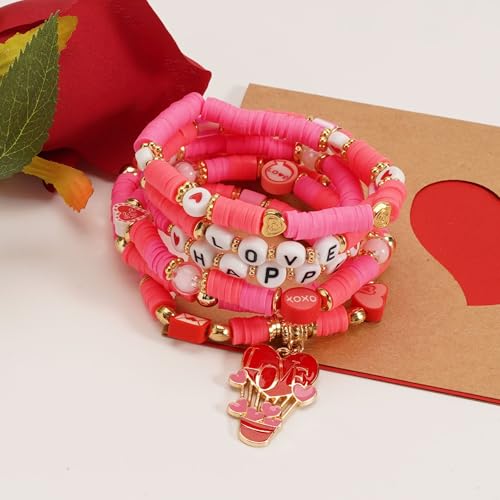 6PCS Valentine’s Day Clay Heishi Bracelet Set for Women- Red Pink Heart Love KISS XOXO Beaded Stretch Bracelets - Handmade Polymer Clay Crystal Glass Stackable Jewelry Gift for Galentine's Anniversary - color: LOVE-05