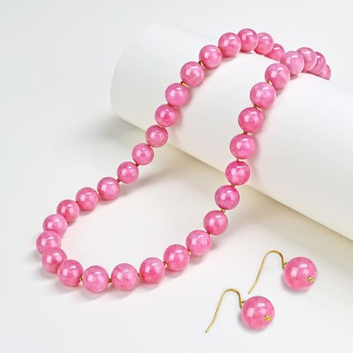 Gemstone Beaded Necklace for Women, Trendy 18K Gold Plated Hematite Natural Stone Bead Choker, Boho Handmade Summer Beach Necklaces for Women Everyday Western Jewelry Gifts - color: Pink Quartz