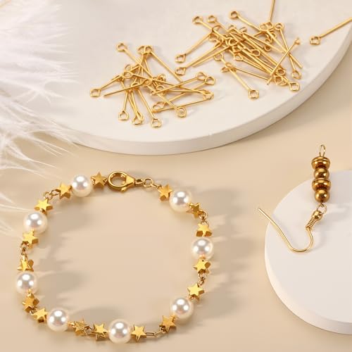 Junkin 1400 Pcs Eye Pins Mix Jewelry Findings 0.63 * 0.79 * 1.18 in Open Eye Head Pins Findings for Jewelry Making DIY Necklace Bracelets(Retro Gold) - color: Gold