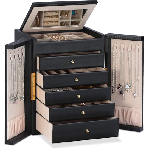 Dajasan Large Jewelry Organizer Box, 6-Tier Jewelry Storage Case with 5 Drawers, Jewelry Boxes for Women Girls with Mirror, Double Door, Textured PU Leather, Gift Idea, Stylish (Black + Gold) - color: Black