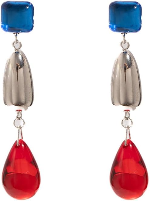 Colorful Statement Drop Earrings with Blue Square, Silver Bead and Red Teardrop Dangle, Bold Geometric Fashion Jewelry for Women