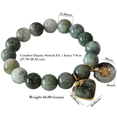 Thai Jade Bracelet 13.20mm – Natural Green Striped Round Beads | Stretch Healing Energy Bangle with Love Heart/Coin Charm | Lucky Feng Shui Protection Gift for Women